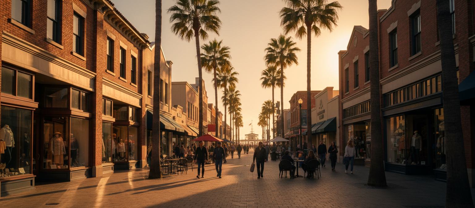 Golden-hour light on a Santa Monica shopping street lined with palm trees